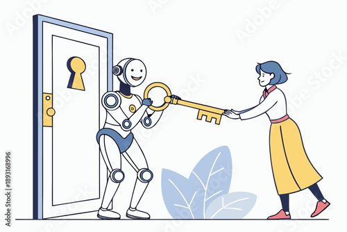 Robot handing over a large golden key to a woman in front of an open door, symbolizing access and new opportunities, vector illustration