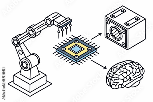 Modern ai robot arm assembling microchip with brain integration concept - isometric vector illustration for tech, automation, and ai