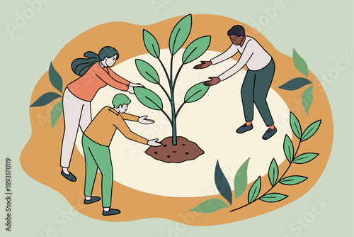 Diverse team collaborating on tree planting. modern flat vector illustration symbolizing environmental sustainability, nature conservation, and green initiative.