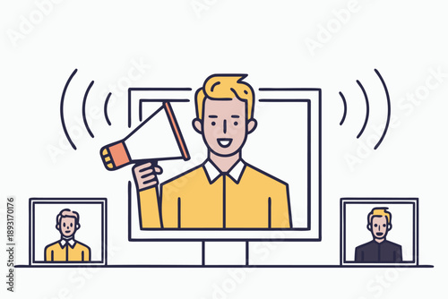 Online meeting host making an announcement with megaphone on computer screen vector illustration