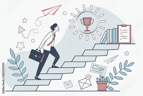 Businessman climbing stairs to success vector illustration. career progression and professional ambition concept art. corporate ladder growth and achievement metaphor.