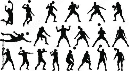 Black silhouette collection of basketball players in dynamic action poses, showcasing dribbling, shooting, passing, jumping, defending, teamwork, and athletic design