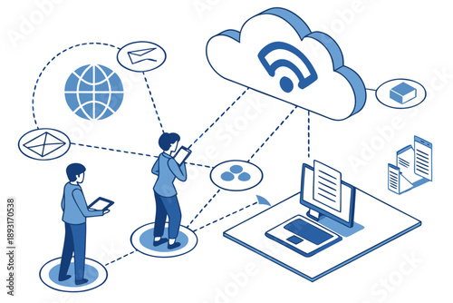 Isometric cloud network illustration with business people and data connections