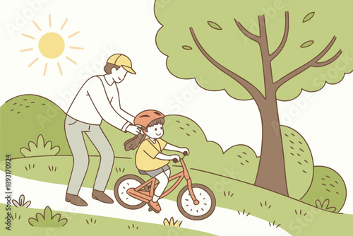 Happy father teaching daughter to ride bicycle in park on sunny day vector illustration. family bonding and childhood learning activity.