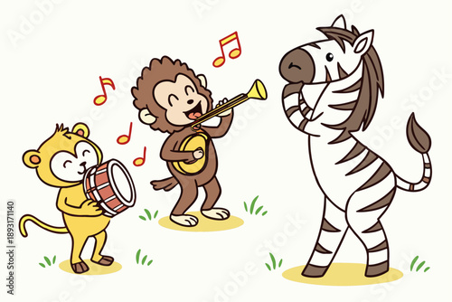 Whimsical cartoon vector illustration of a playful monkey band trio with a zebra conductor leading a musical performance featuring a drum, trumpet, and guitar