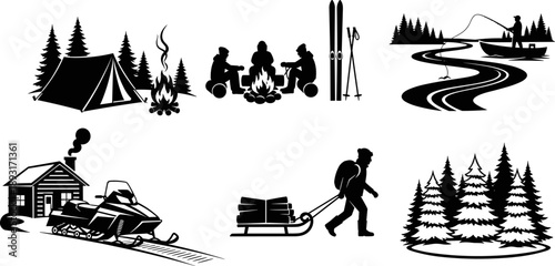 Outdoor camping and winter adventure silhouette vector illustration set isolated on white background, hiking, fishing, skiing, bonfire and forest recreation icons for nature travel design