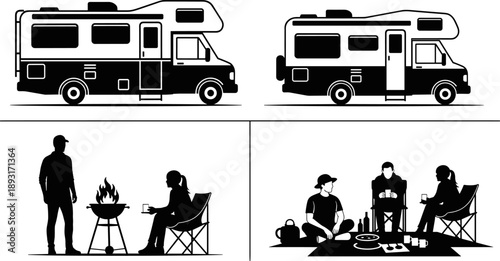 Outdoor camping lifestyle with RV motorhomes, campfire gathering, and picnic scene showing people enjoying nature, travel, leisure, and recreational activities together