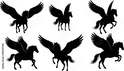 Pegasus Winged Horse Silhouette Collection Featuring Flying Mythical Creatures In Dynamic Poses, Minimal Black Vector Illustration Set For Fantasy, Mythology And Creative Design Projects