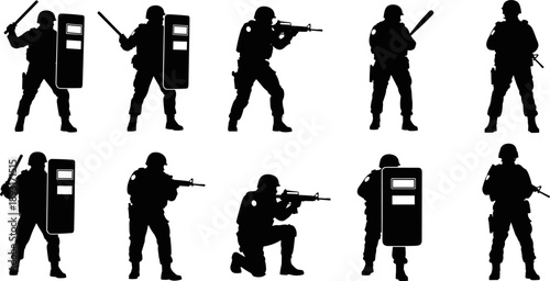 Police and SWAT silhouette illustration set featuring armed tactical soldiers, riot shields and combat stances, black vector law enforcement collection isolated on white background