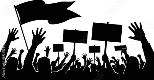 Powerful protest crowd silhouette with raised hands, blank placards, and waving flag, symbolizing social movement, political demonstration, freedom of speech, activism, unity, 