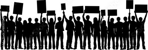 Protest crowd silhouettes holding banners and signs, demonstrating people unity, activism, freedom of speech and social movement concept in bold black vector illustration on white background
