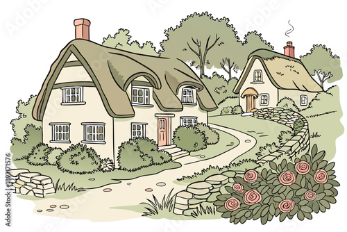 Charming thatched cottage houses with winding path, roses, and rustic stone wall in a picturesque countryside village scene - vector illustration