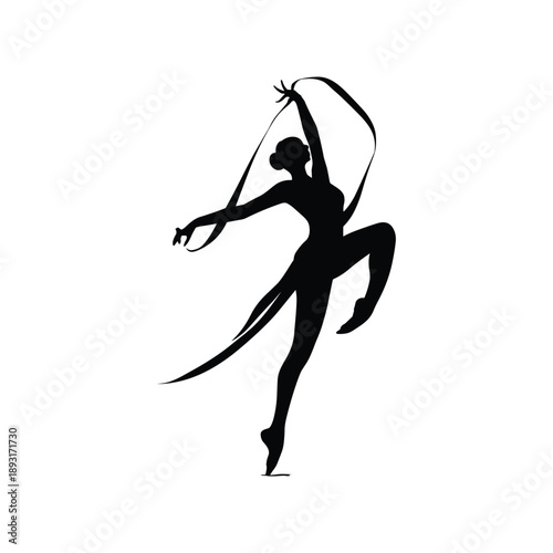 Silhouette of rhythmic gymnast dancing with ribbon
