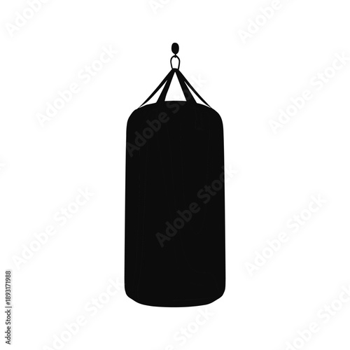 Hanging black punching bag isolated on white