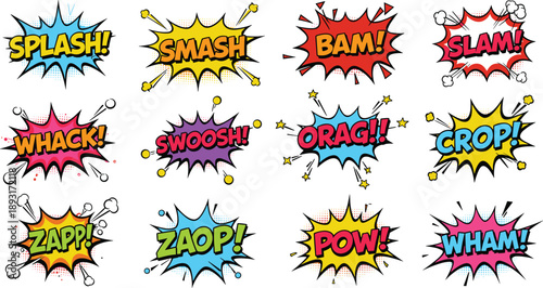 Colorful comic sound effect text set with pop art style explosion speech bubbles, cartoon expression words, retro comic elements, white background