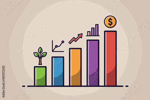 Illustration of business growth and financial success depicted by an ascending bar chart with a plant, line graph, and dollar sign.