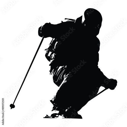 Silhouette of skier skiing downhill in dynamic pose