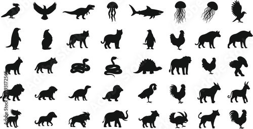 Black dragon silhouettes set with mythical creature icons featuring flying poses and spreading wings isolated on a white background for design,