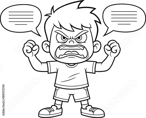 Angry cartoon boy shouting with clenched fists and speech bubbles illustrated in clean black and white line art for kids emotions, conflict expression, and behavior education concept
