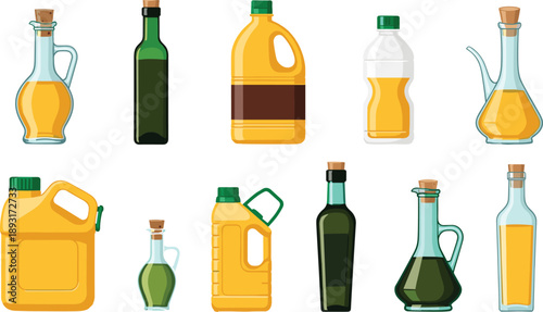 Collection of various cooking oil bottles and containers, colorful flat illustrations, healthy food ingredients packaging set for kitchen, grocery, culinary design