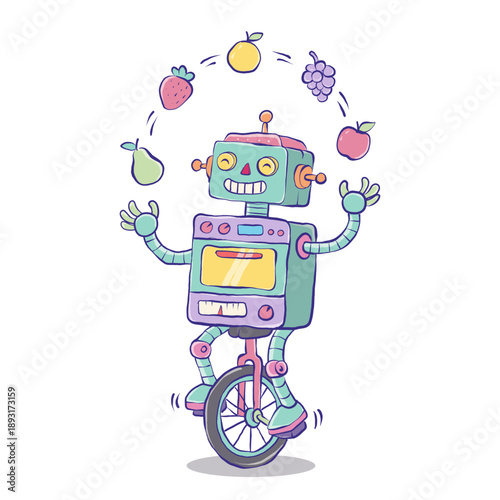 Cute Robot Juggling Fruit Illustration