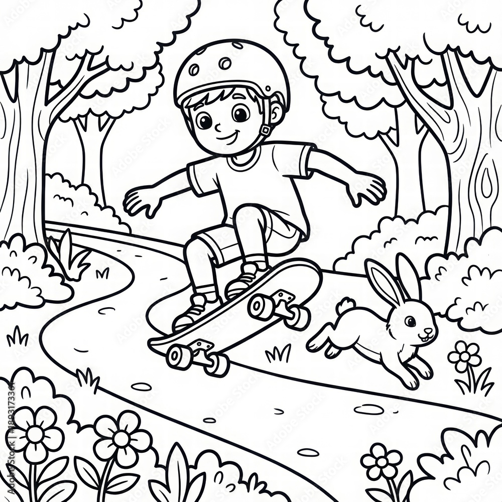 Naklejka premium Fun Coloring Page of Skateboarding Boy with Rabbit
