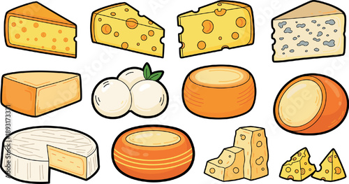 Cartoon Cheese Set with Slices, Blocks and Wheels Dairy Food Flat Vector Illustration