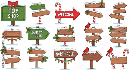 Christmas wooden signboard collection with snow, holiday direction arrows, festive North Pole signs, Santa’s house boards, winter decorative banners, cartoon style