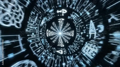 A spiral pattern of assorted symbols and letters on a dark background, glowing with a soft blue light