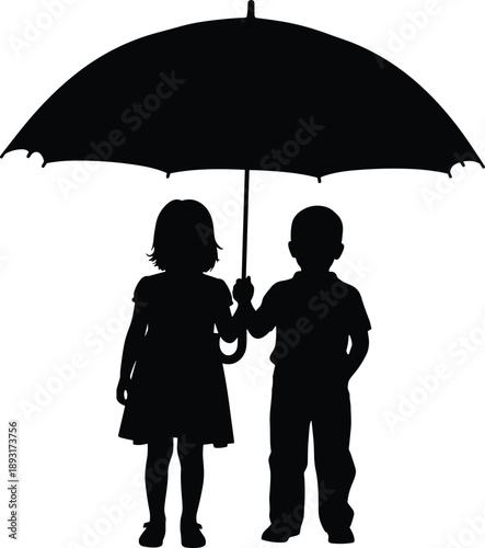 Children silhouette sharing umbrella in rain symbolizing friendship protection childhood innocence care and togetherness for family love safety concept on white background illustration