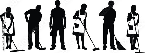 Cleaning service worker silhouette collection showing men and women mopping and sweeping floors, professional housekeeping, janitorial staff, domestic chores