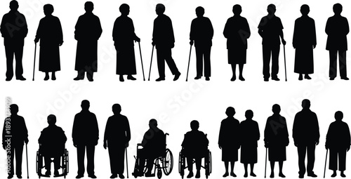 Collection of elderly people silhouettes with walking canes and wheelchairs representing aging population, senior citizens, disability support, healthcare, retirement life and assisted