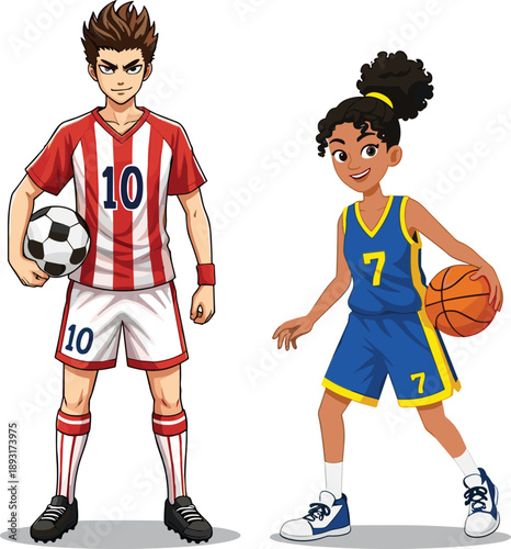 Cartoon soccer player, basketball player, sports uniform, athletic gear, team spirit, ball game, male athlete, female athlete, competition, teamwork