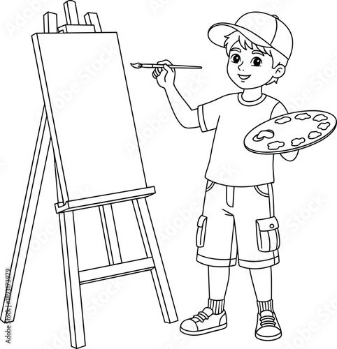 Creative cartoon boy painting on easel holding palette illustrated in clean black and white line art for kids art education creativity concept