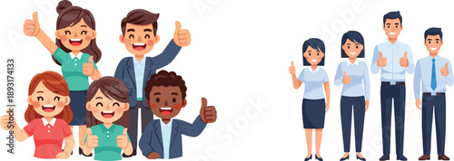 Cartoon people giving thumbs up, diverse characters, cheerful expressions, business team approval, happy gesture, professional attire, teamwork, positivity, illustration
