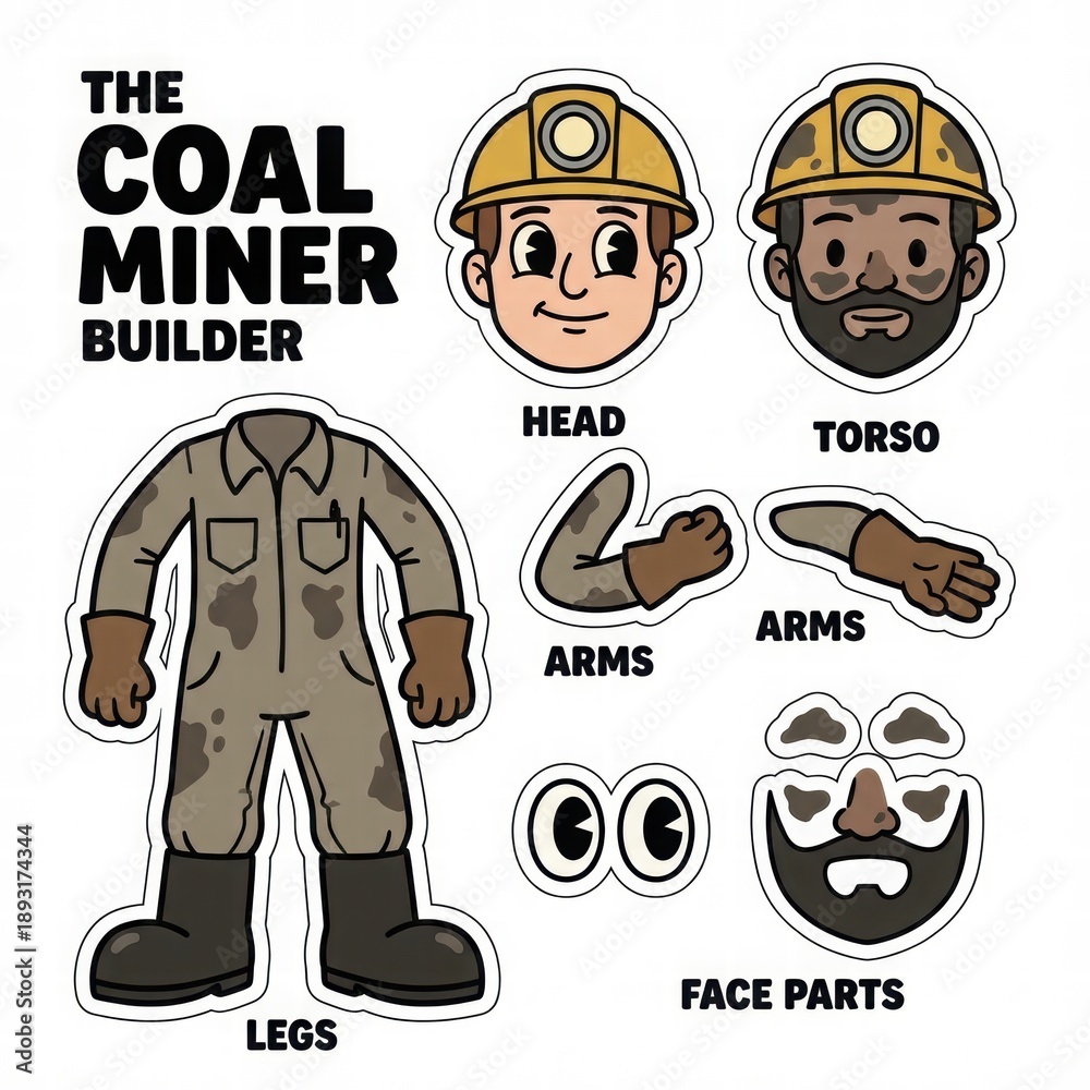Fototapeta premium Cartoon Coal Miner and Builder Character Parts