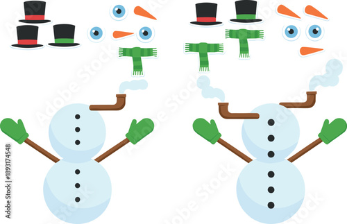 Build your own snowman vector set with hats scarves gloves and facial elements