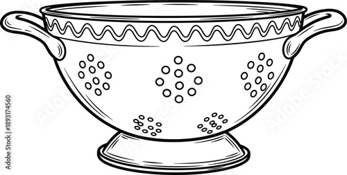 Decorative kitchen colander bowl illustrated in clean black and white line art showing vintage cookware design for cooking, straining, food preparation, and culinary concept