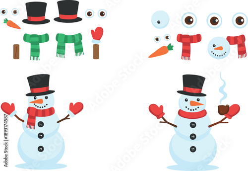 Build your own snowman vector set with hats scarves gloves hearts and facial elements