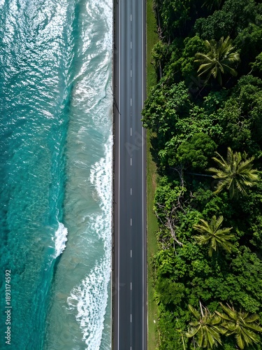 Aerial View of Coastal Road Between Ocean and Green Forest
