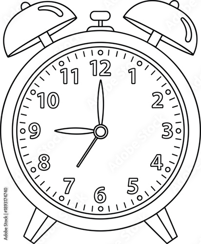 Detailed line art illustration of classic alarm clock showing time vintage analog watch face morning wake up concept isolated on white background vector drawing
