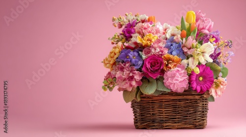 Colorful spring flower arrangement in a vibrant wicker basket with tulips, daisies, and seasonal blooms on soft pink background for home decor and floral inspiration