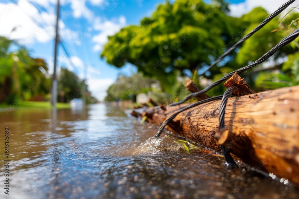Fototapeta premium Power Pole Submerged in Floodwater After Storm with Blue Sky Above