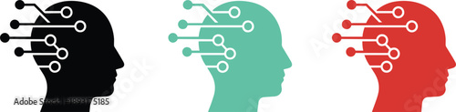 Artificial intelligence human head profile icon set with circuit connections representing brain technology innovation and digital thinking