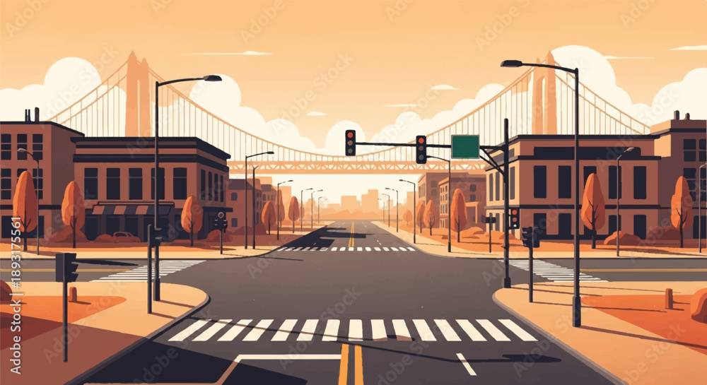 Obraz premium Evening city street illustration with sunset sky, quiet road, glowing streetlights and buildings from street level
