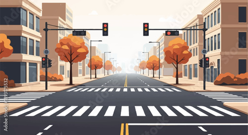 road, trees, buildings, trafficlights, and sky in a sunny street‑level illustration