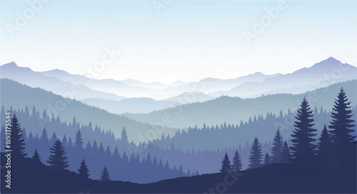 Trees on Rolling Hills and Distant Mountains Under Pale Sky from a Low Horizon View