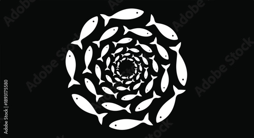 Dynamic clockwise fish spiral pattern illustrated in high-contrast black and white graphic from a top-down viewpoint