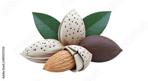 Almonds and Leaves on White Background