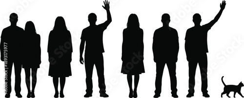 Group of Black Silhouettes of Men and Women Standing and Waving Hands with Cat, Representing Greeting, Farewell, Communication, Community, and Social Interaction Concept